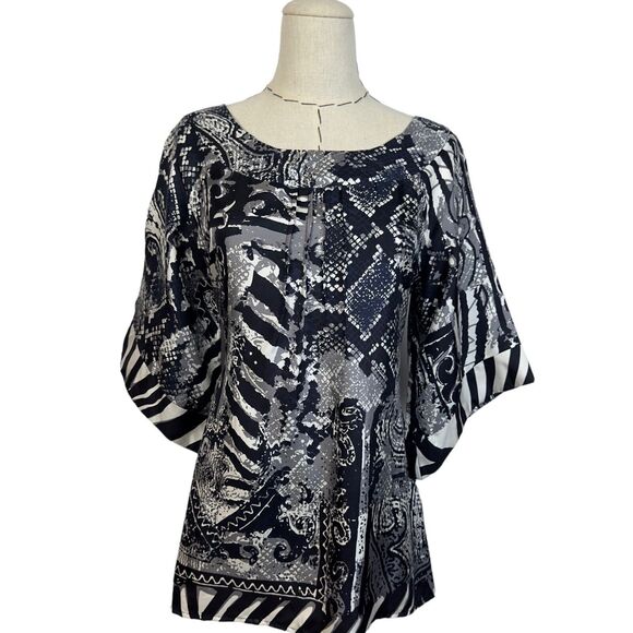 YASB‎ Multicolor Abstract 100% Silk 3/4 Sleeve Tie Back Blouse Top Size Small - Picture 1 of 8